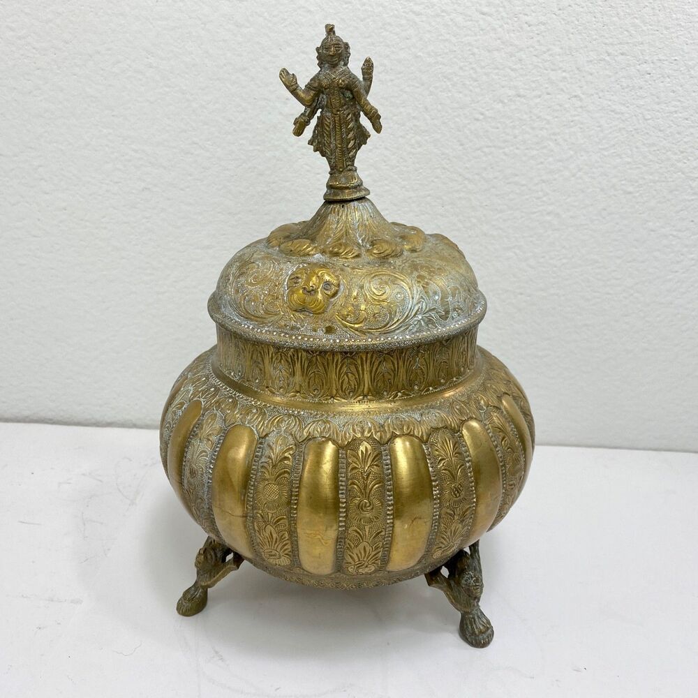 Vintage Hindu Goddess Laxmi Large Brass Pot & Lid Prosperity Abundance Light - Picture 6 of 11